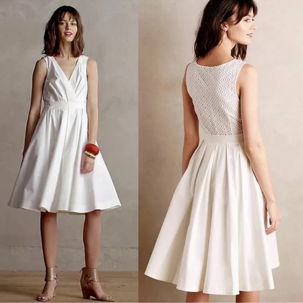 Anthropologie Collette Dinnigan Pleated Lace Trellis Dress, White, Size 0